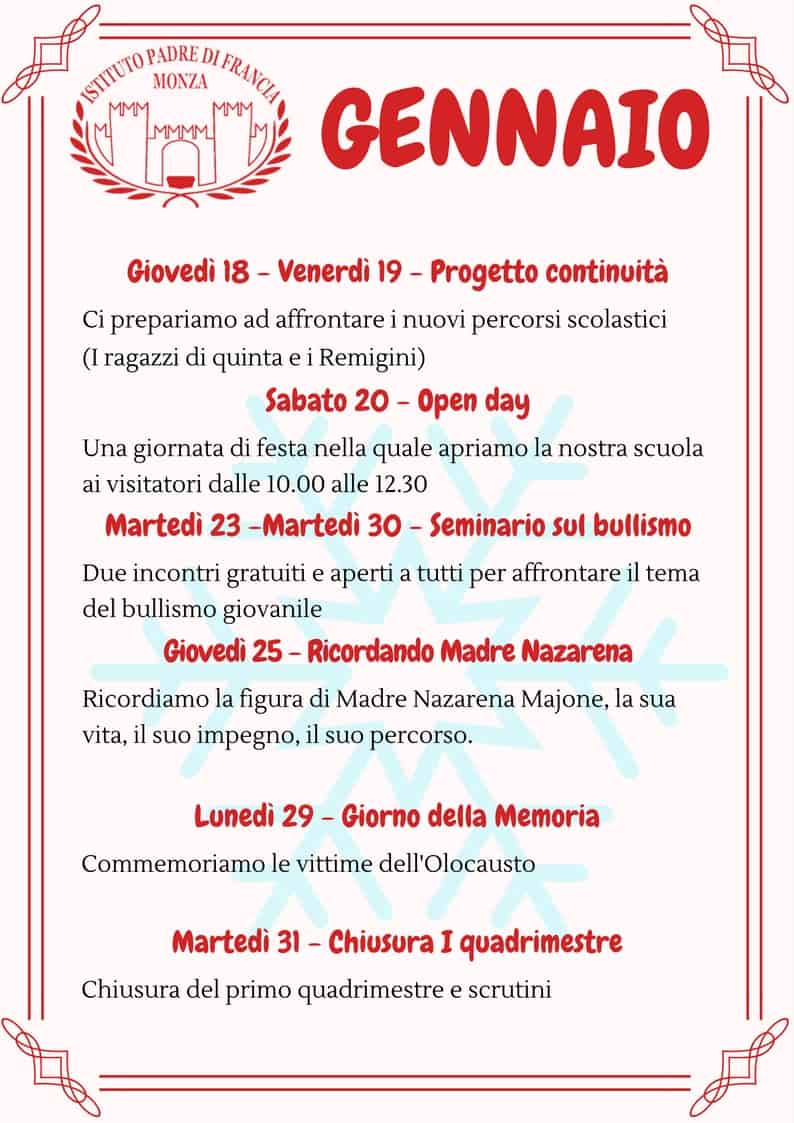 Calendario scolastico di Gennaio